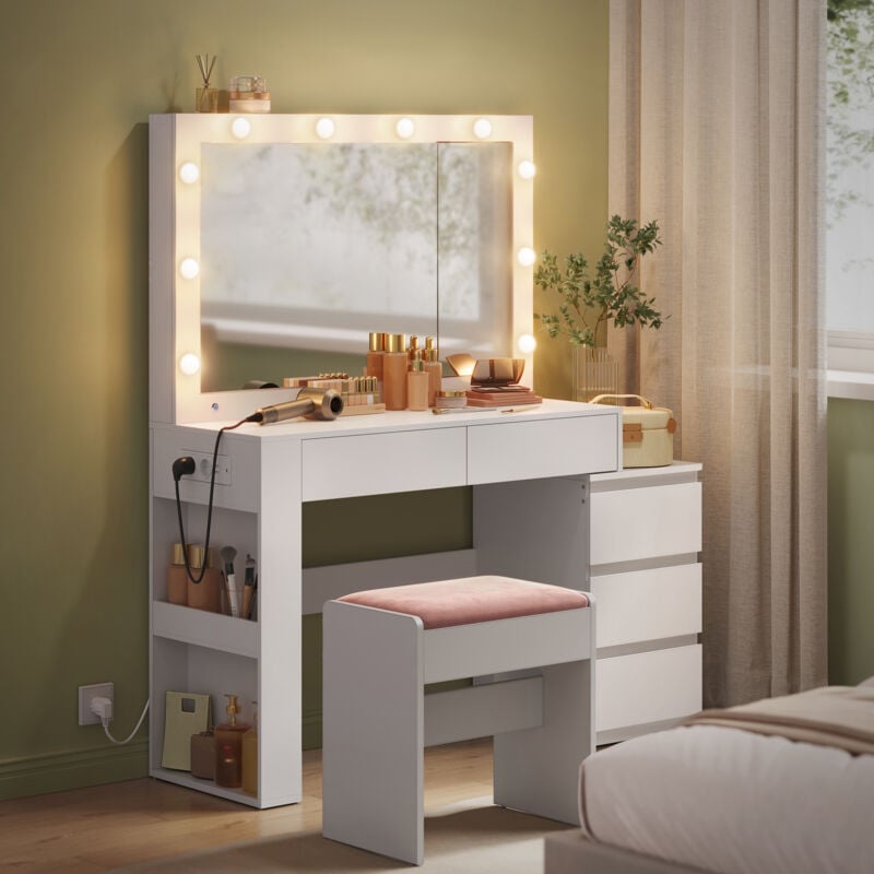 Coiffeuse, Table de Maquillage avec Tiroir, Tabouret, avec Éclairage led et Miroir, Armoire à Bijoux, Multiprise, 40 x 125 x 140 cm, Conception