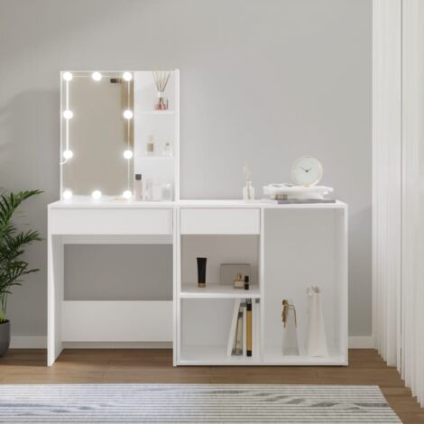 Coiffeuse  Table de maquillage Coiffeuse Maquillage à LED avec armoire Blanc Bois d'ingénierie CVW99583