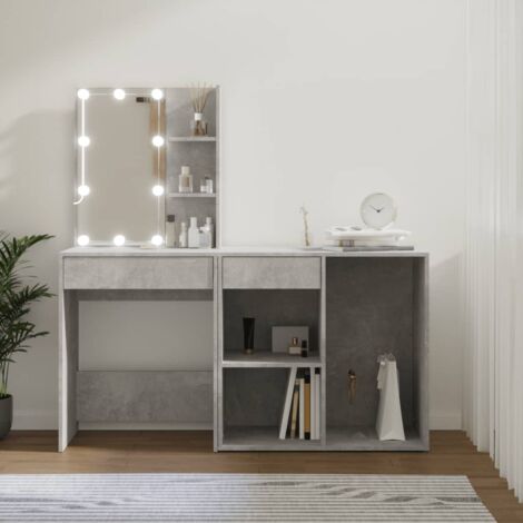 Coiffeuse  Table de maquillage Coiffeuse Maquillage à LED avec armoire Gris béton Bois d'ingénierie CVW82023