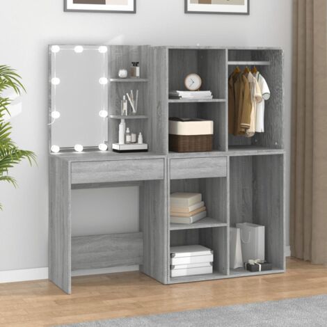Coiffeuse  Table de maquillage Coiffeuse Maquillage à LED avec armoires Sonoma gris Bois d'ingénierie CVW60553