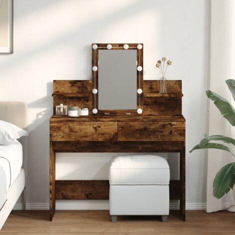 Coiffeuse  Table de maquillage Coiffeuse Maquillage avec LED chêne fumé 100x40x130 cm CFW17279