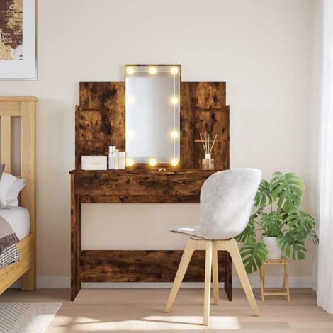 Coiffeuse  Table de maquillage Coiffeuse Maquillage avec lumières LED chêne fumé 96x40x142 cm CVW73027