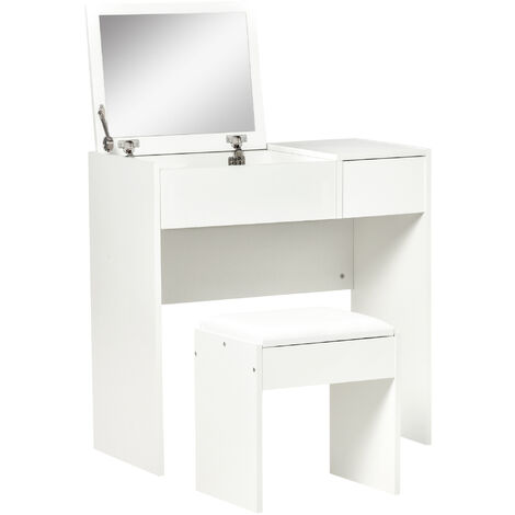 Coiffeuse table de maquillage design contemporain 80L x 40l x 79H cm miroir escamotable, tiroir, coffre + tabouret blanc