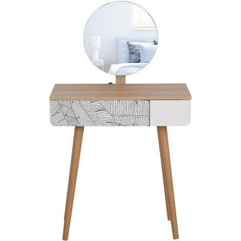 Coiffeuse table de maquillage design scandinave tiroir et grand miroir dim. 70 x 39 x 119-128 cm