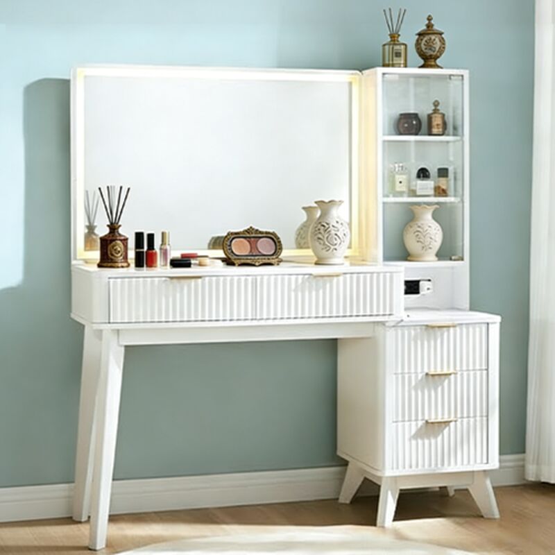 Coiffeuse Table de Maquillage Grande avec Miroir LED + USB + Prise + Fiche, 5 Tiroirs + Plateau en Verre (122×40×137 cm), Stabil pour Chambre,