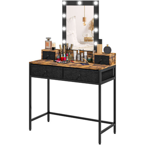 Coiffeuse table de maquillage miroir LED réglable intégré - pied en métal noir - 4 tiroirs en tissu - Aspect bois foncé