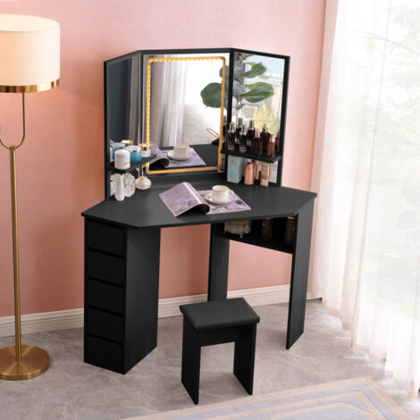 LLB LIVING LIFE BED Coiffeuse table de maquillage noir à angle avec 3 Miroirs LED Elettra Black