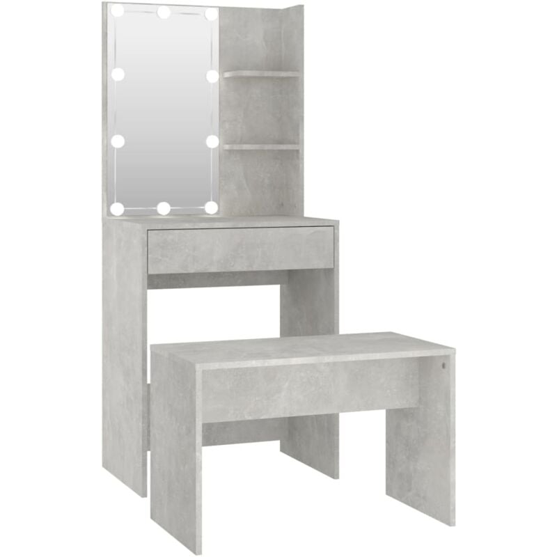 Coiffeuse table de maquillage tabouret design meuble mobilier de chambre avec led 60 x 40 x 140 cm bois d'ingénierie gris