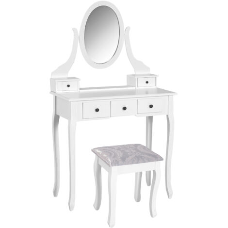 Coiffeuse + table maquillage tabouret et miroir 5 tiroirs Table blanche en MDF noir (blanche)