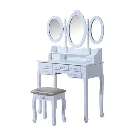 Coiffeuse - Tabouret et miroir - 7 tiroirs et 3 miroirs - 90x40x145cm