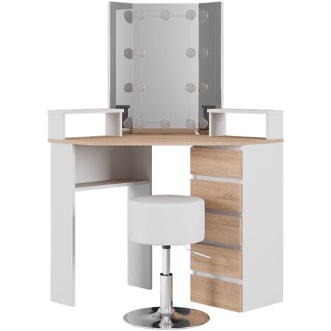 Coiffeuse Tilda, Blanc/Sonoma, 113.3 cm avec éclairage LED et tabouret, Vicco