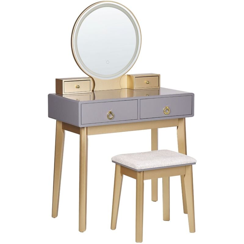 Beliani - Coiffeuse avec Tabouret et Miroir en Bois et mdf Polyester Gris et Doré Fedry