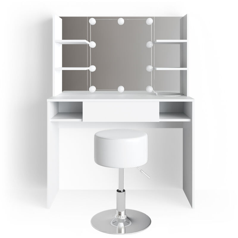 Coiffeuse Daenerys, Blanc, 99 cm avec éclairage led et tabouret Vicco