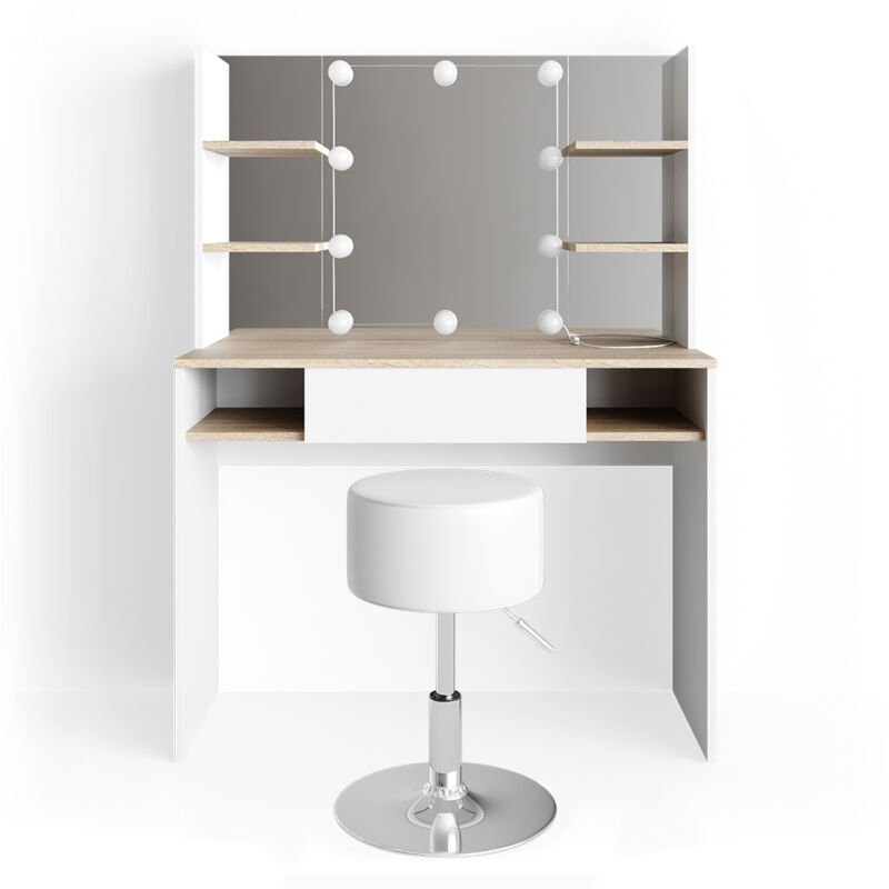 Vicco - Coiffeuse Daenerys, Blanc, 99 cm avec éclairage led et tabouret