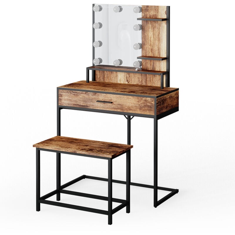 Coiffeuse Fyrk, Bois antique, 80 cm avec éclairage led et chaise Vicco