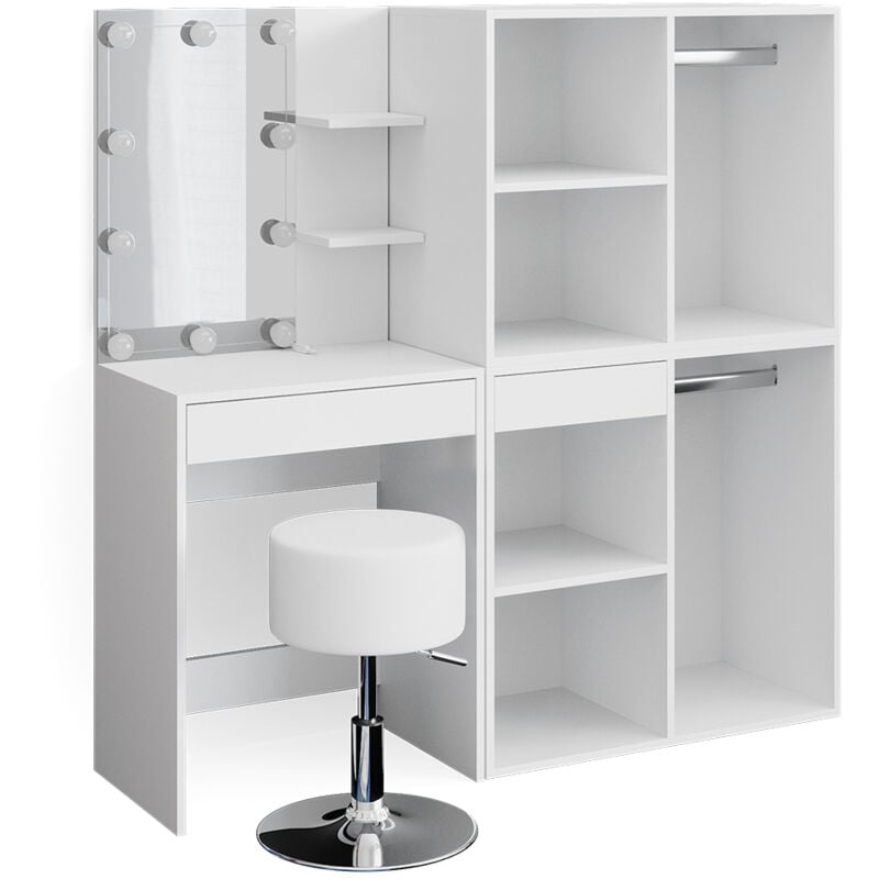 Vicco - Coiffeuse Isabelle, Blanc, 60 cm avec led, tabouret et armoire