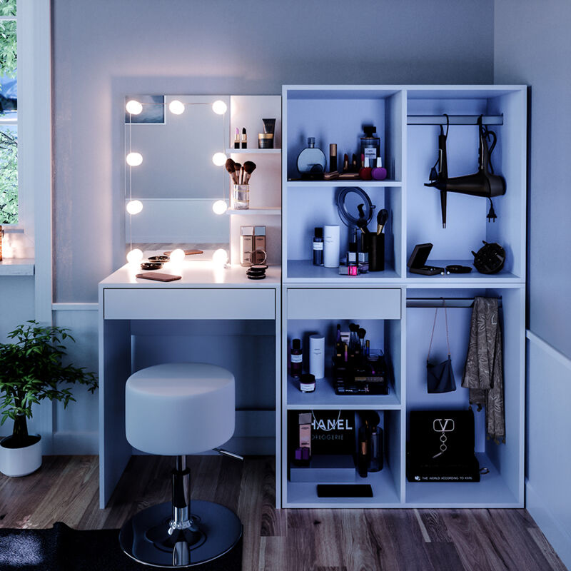 Vicco - Coiffeuse Isabelle, Blanc, 60 cm avec led, tabouret et armoire