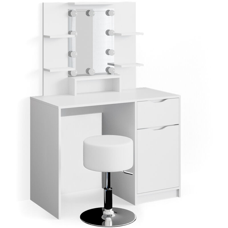 Vicco - Coiffeuse Ruben Little, Blanc, 100 cm avec éclairage led et tabouret