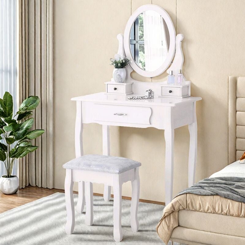 Tanant - Coiffeuse vintage 75x40x136cm - avec Tabouret et Miroir Ovale 360° & 3 Tiroirs, style vintage - Blanc