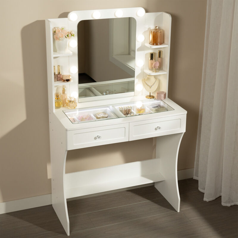 Coiffeuse Woltu avec Plateau en verre trempé, Table de maquillage avec Poignée, Éclairage réglable, Rangement compartimenté, 80x38x135cm, Blanc