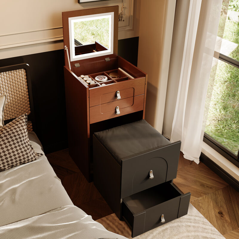 Coiffeuse (y compris tabouret de toilette) avec miroir et éclairage led, avec 3 tiroirs- Brun