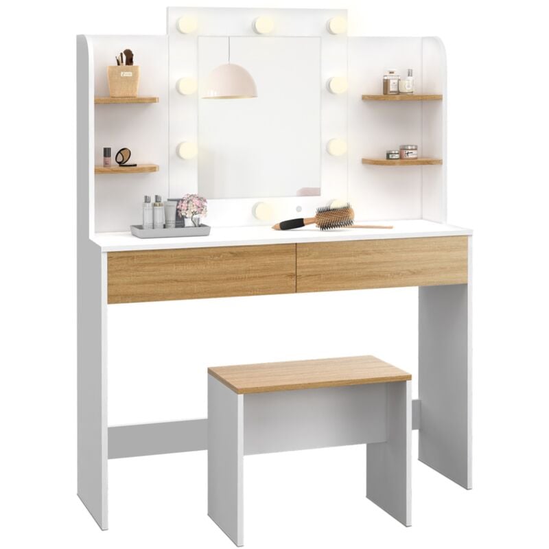 Coiffeuse zelia blanc et hêtre table de maquillage 4 étagères, miroir led et tabouret