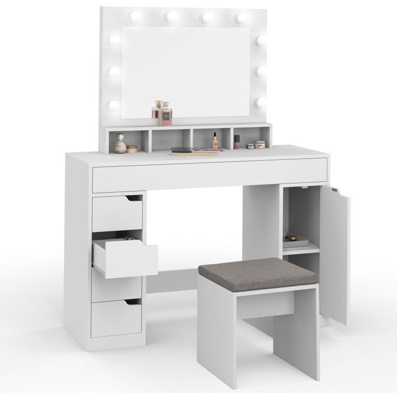 Coiffeuse zelia blanche miroir led avec 4 niches, 5 tiroirs, 1 caisson de rangement et tabouret rembourré