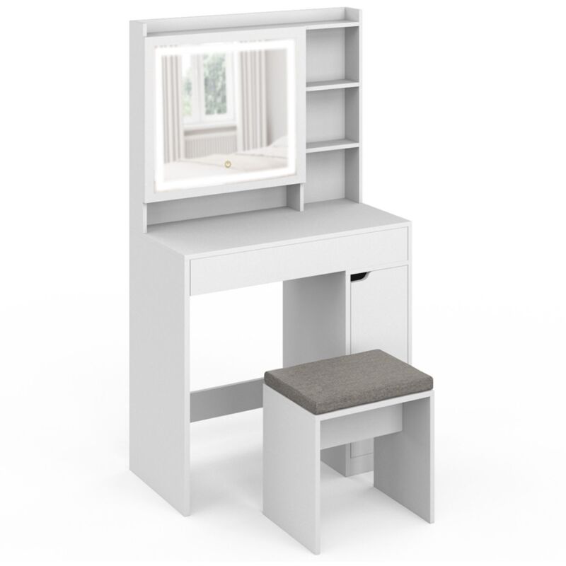 Coiffeuse zelia blanche miroir led avec rangement, 1 tiroir, 1 caisson de rangement et tabouret rembourré