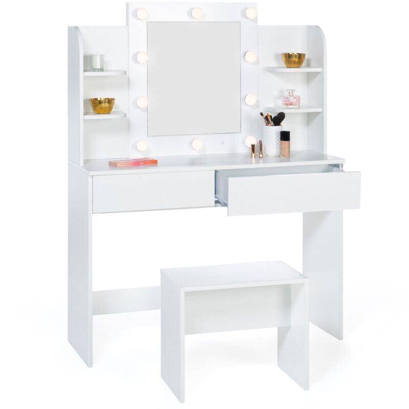 Coiffeuse zelia blanche table de maquillage 4 étagères, miroir led et tabouret