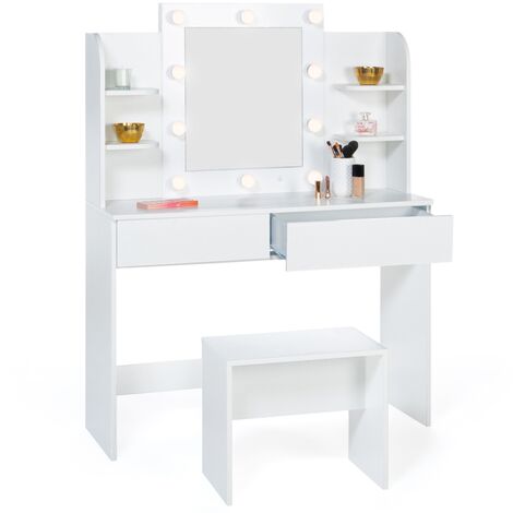 Coiffeuse ZELIA blanche table de maquillage 4 étagères, miroir LED et tabouret - Blanc
