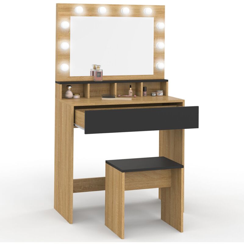Coiffeuse zelia hêtre et noir miroir led avec 4 niches, 1 tiroir et tabouret