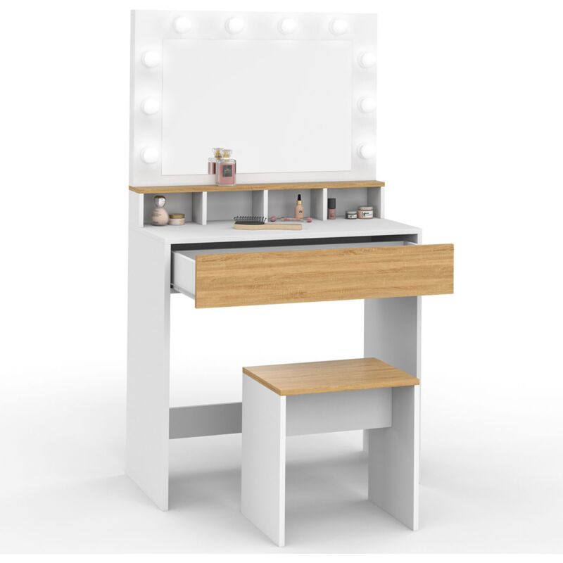 Coiffeuse avec miroir LED blanc et hêtre