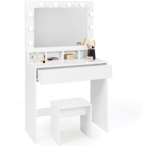 Coiffeuse ZELIA miroir LED avec 4 niches, 1 tiroir et tabouret - Blanc