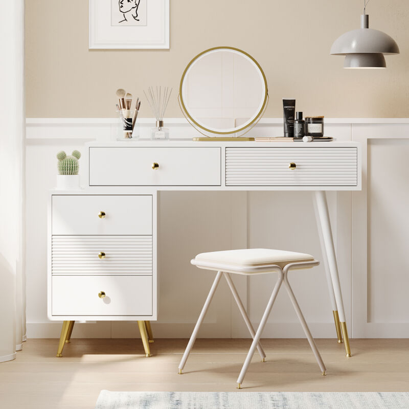 Ensemble de Coiffeuses avec Miroir et éclairage LED,5 Tiroirs,Armoire Latérale Réglable et Design Extensible,100x40x78cm,Blanc