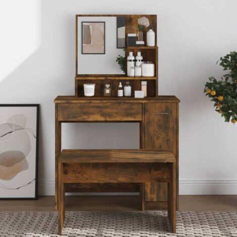Coiffeuse，Table de maquillage，Coiffeuse Maquillage avec miroir Chêne fumé 86,5x35x136 cm CFW63096