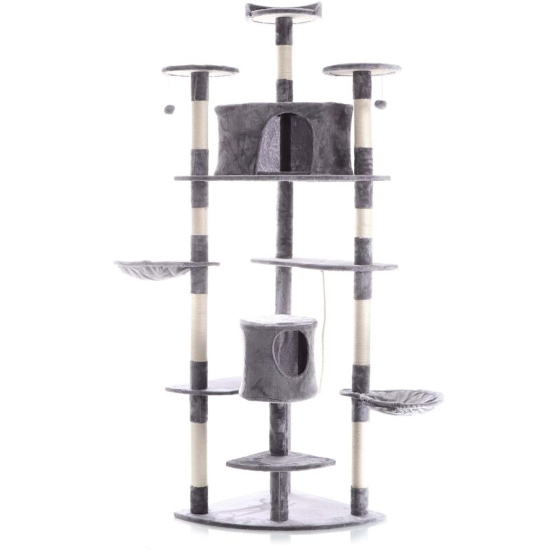 Arbre à chat d'angle Gris Plateforme d'observation, hamacs, Niches et balles de Jeu Griffoir Sisal