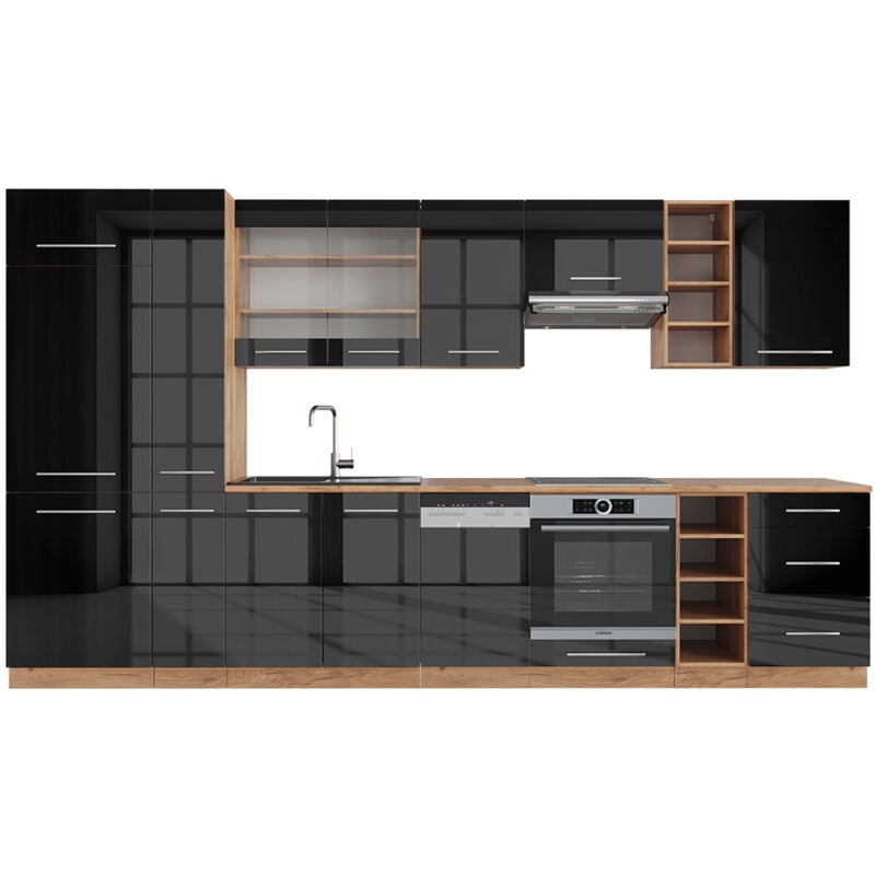 Vicco - Cuisine Fame-Line, Anthracite brillant/Chêne doré, 355 cm sans plan de travail