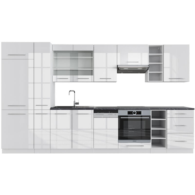 Vicco - Cuisine Fame-Line, blanc brillant/blanc, 355 cm sans plan de travail