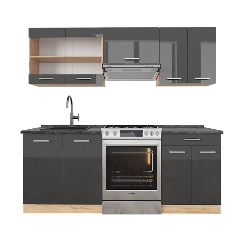 Vicco - Cuisine R-Line, Anthracite brillant/Chêne doré, 200 cm, pt Anthracite