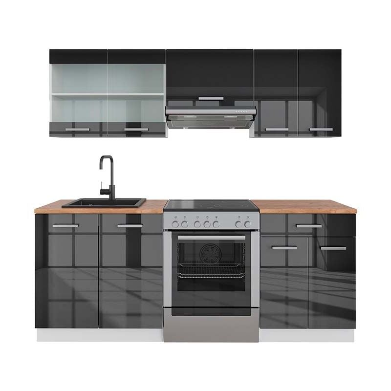 Cuisine R-Line, Anthracite brillant/blanc, 200 cm, pt Chêne Vicco