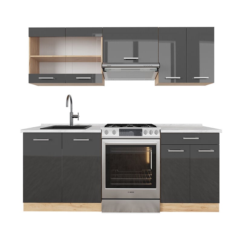 Cuisine R-Line, Anthracite brillant/Chêne doré, 200 cm, PT Marbre, Vicco