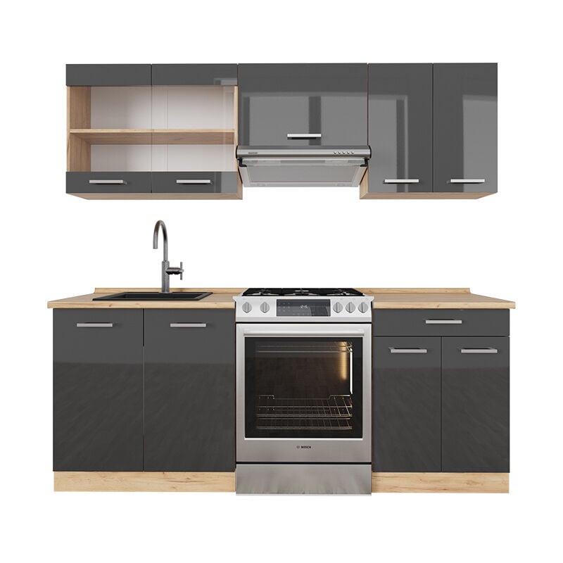 Cuisine R-Line, Anthracite brillant/Chêne doré, 200 cm, pt Chêne Vicco