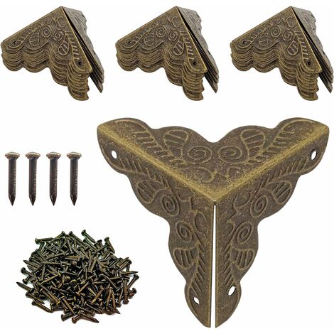 Coin Meuble Metal Antique, Protection D'angle Bronze Antique Coin Boîte en Bois Meubles Table D'angle Décoratifs Comprend Ongles, pour Quincaillerie de Meubles LO-Ron
