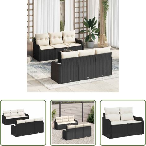 Coin salon extérieur -  Ensemble de canapé de jardin avec coussin 7 pcs Noir et Crème