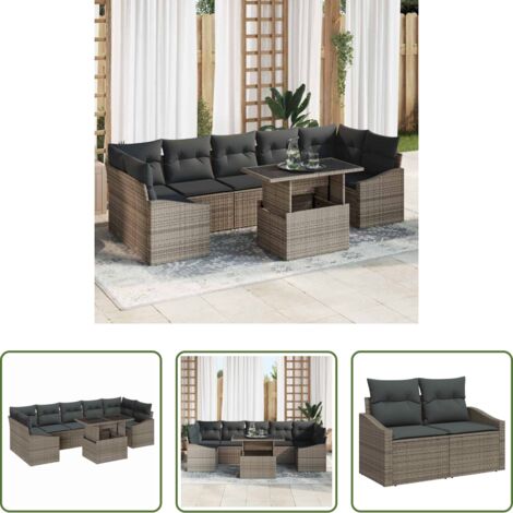 Cojín -  Conjunto de sofá de jardín con cojín 8 pcs Gris ratán sintético