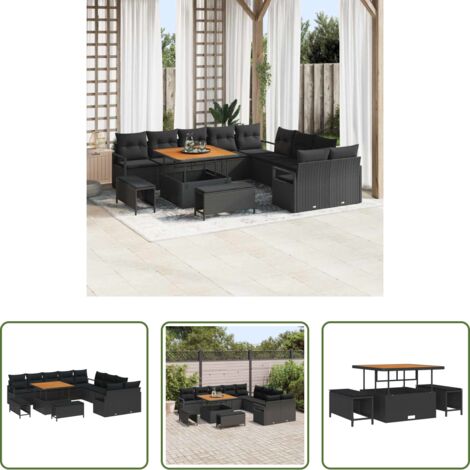 Cojín -  Conjunto de sofá de jardín con cojín con almohada 13 pcs Negro