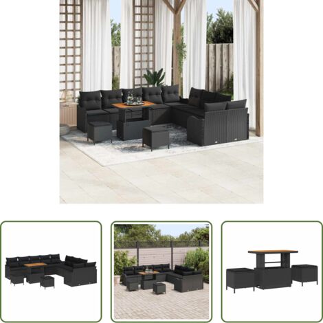 Cojín -  Conjunto de sofá de jardín con cojín con almohada 13 pcs Negro