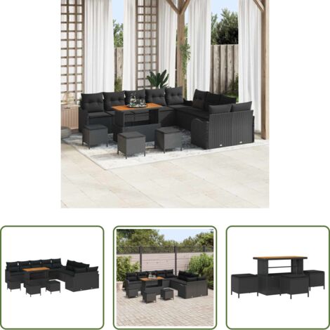 Cojín -  Conjunto de sofá de jardín con cojín con almohada 14 pcs Negro