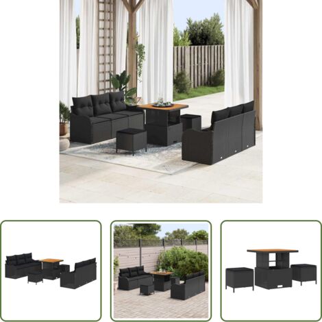 Cojín -  Conjunto de sofá de jardín con cojín con almohada 9 pcs Negro