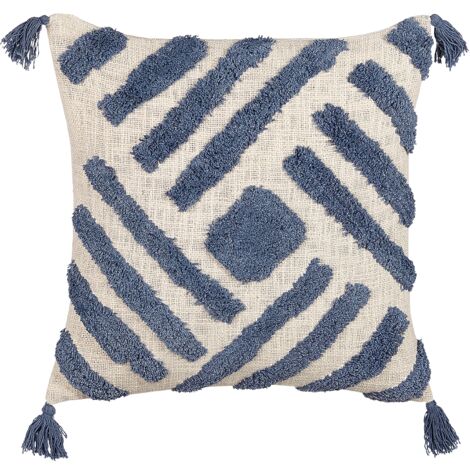 Cojín de algodón azul beige claro 45 x 45 cm geométrico borlas relleno Jacaranda